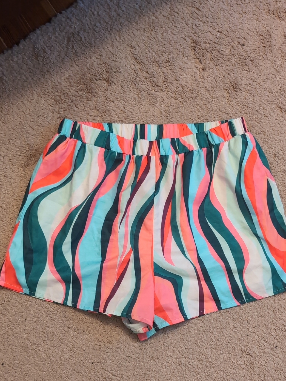 Multicolor Wavy Stripe Athletic Shorts in Coral, Teal, Navy & White